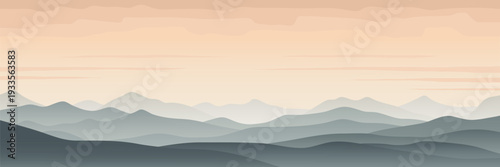 Minimalistic landscape, sunset in the mountains, ridges in the evening light and fog, vector illustration
