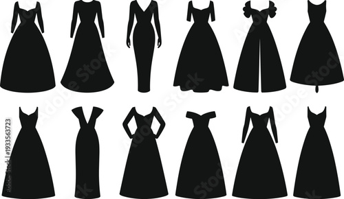WebDress silhouettes collection, fashion gowns, elegant clothing, casual and formal wear, diverse styles, costume design, vector illustration, black silhouette, isolated