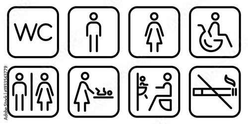 Set of square toilet outline icon showing symbols for male, female, mother with baby and disabled person in wheelchair. Outline vector illustration for restroom signage and UI design.