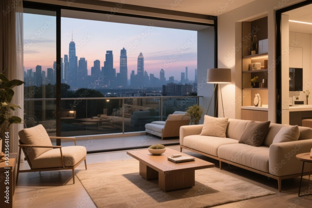 Obraz premium Modern living room with city skyline view at dusk