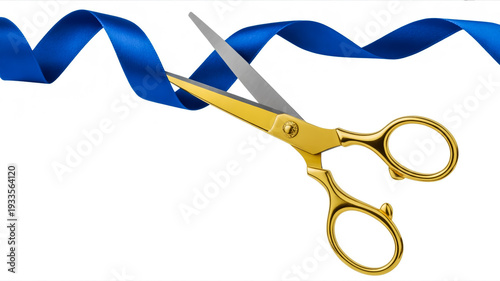 A professional photograph of golden scissors cutting a blue ribbon