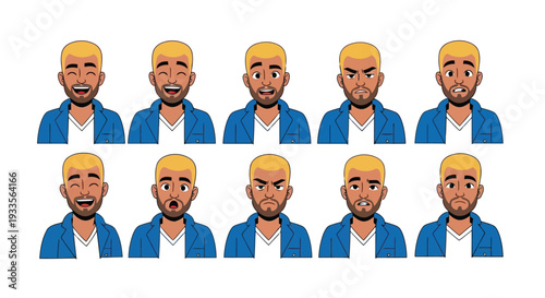 Vector Illustration of Man with Various Facial Expressions and Emotions