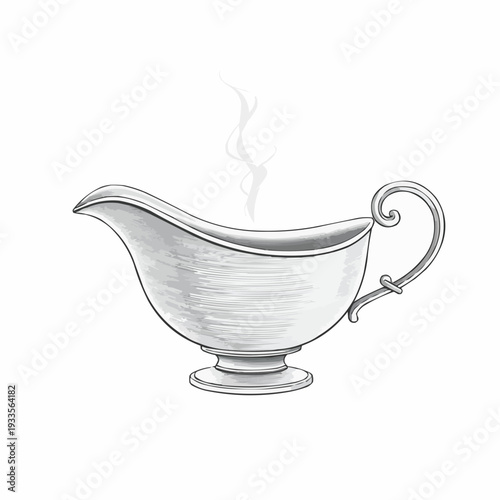 Elegant gravy boat with steam on a white background