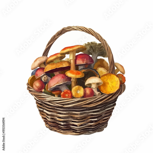 Colorful mushroom basket arrangement with vibrant details and rustic feel