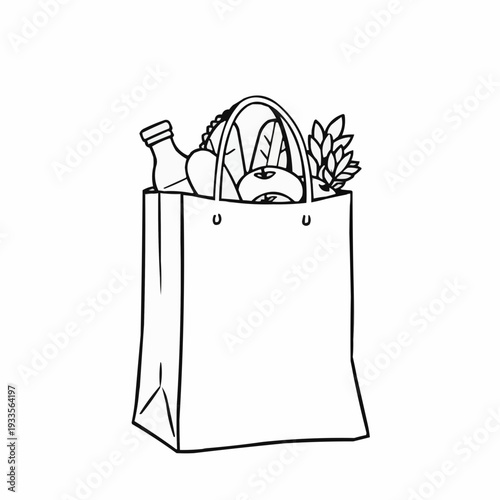 Grocer's bag filled with fruits and vegetables on a white background