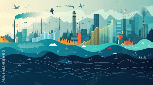 Cityscape Above the Ocean Depicting  Connection Between  Life Above and Below the Surface