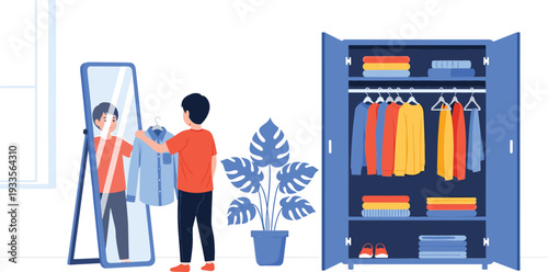 Flat vector illustration of a young boy choosing clothes from an organized blue wardrobe while looking in a mirror