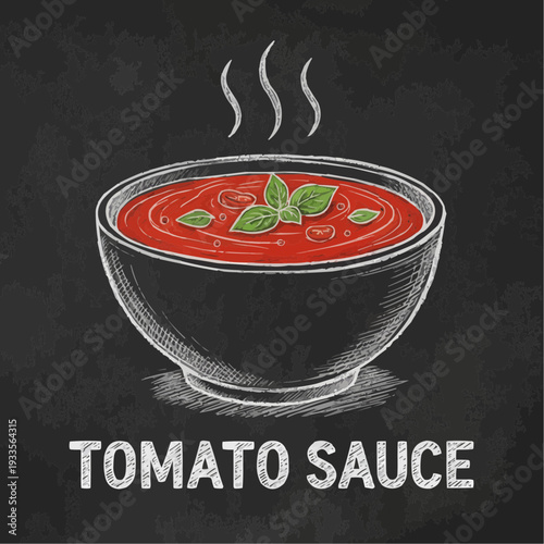 Delicious tomato sauce in a bowl with fresh basil on a chalkboard background