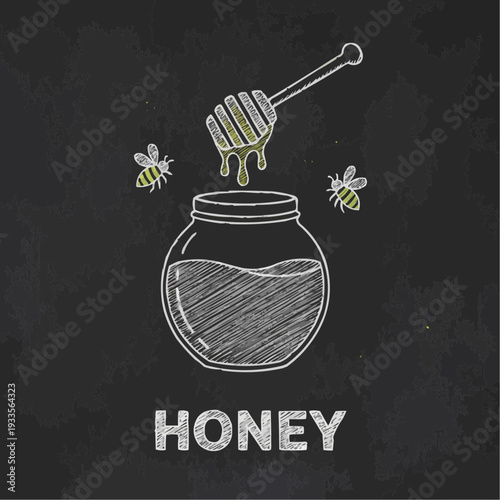 Honey jar with dripping honey and bees on black background