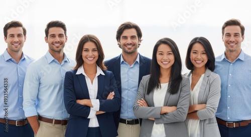 A diverse group of business professionals standing together in a modern office setting.