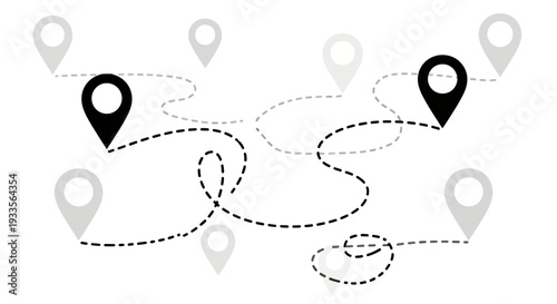 Graphic map route with travel pins and dotted path across destinations for exploration and adventure.