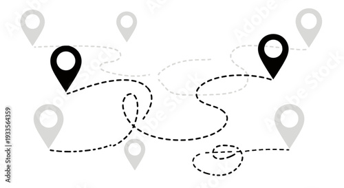 Multiple Location Pins Connected by a Winding Dotted Route Map for Travel Planning.