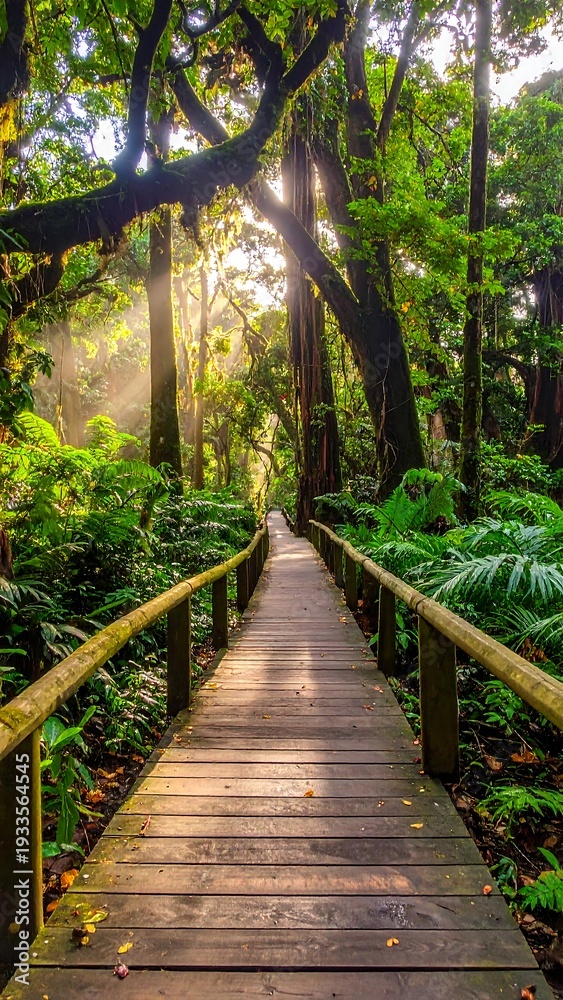 Fototapeta premium A wooden pathway through a lush, vibrant forest. Sunlight streams through the trees, creating an ethereal and serene atmosphere