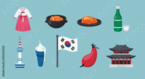 Collection of Korean Cultural Icons Featuring Flag, Pagoda, Temple, and Traditional Dishes.