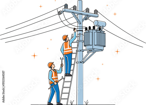 Utility linemen working on electrical power pole with transformer performing maintenance and repair on high voltage power lines