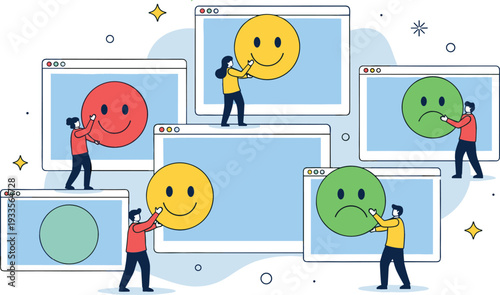 Flat vector illustration of tiny people managing customer feedback emoji icons and mood sentiment analysis across multiple website windows