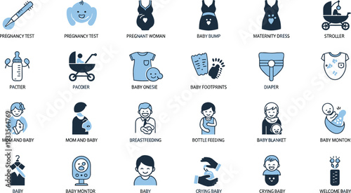 Blue and black pregnancy and baby care icons featuring maternity clothing baby monitor feeding stroller and newborn symbols
