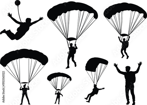 Extreme Sports Parachuting and Skydiving Set, vector, illustration, silhouette.