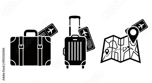 Travel luggage and map icons representing planning a journey and exploring a new destination.