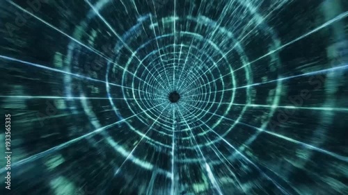 Abstract blue green grid warp tunnel in digital space