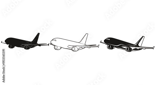 Sequence of three airplanes in different colors flying side by side.