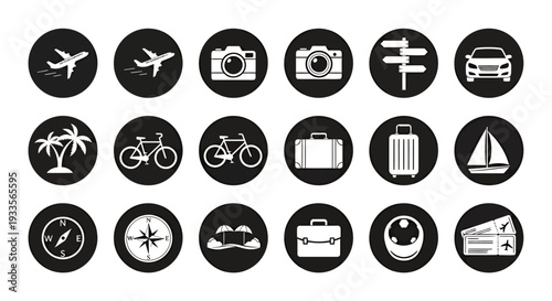 Set of round monochrome travel and lifestyle icons for design projects.