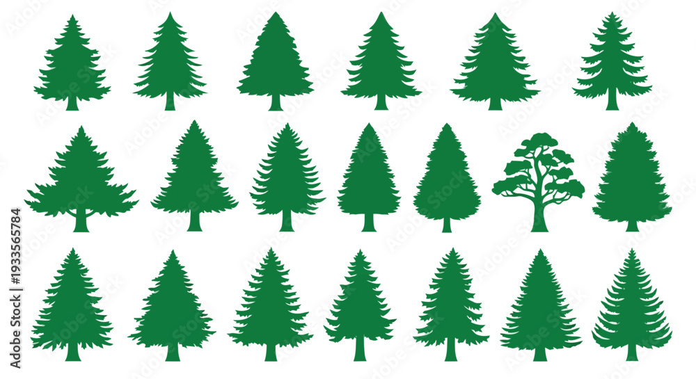 Obraz premium Vector Illustration of various green pine tree silhouettes on white background