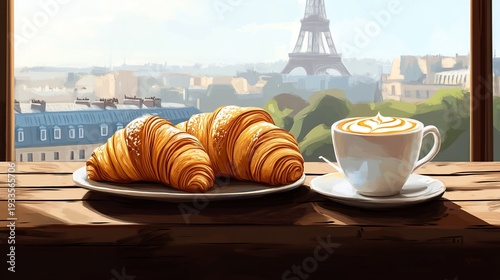 Illustration of French Croissants and a cafÃ© au lait, displayed on a rustic wooden table with a Parisian backdrop. --ar 16:9 --v 6.1 Job ID: 21fc9627-25e4-413a-93a1-5bfcdf8ec128