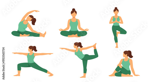 Modern flat vector illustration set of women practicing yoga poses