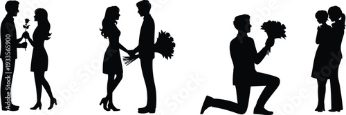 WebRomantic couple silhouettes, love gestures, giving flowers, proposal scene, courtship illustration, affectionate embrace, relationship theme, vector art, black silhouette, isolated