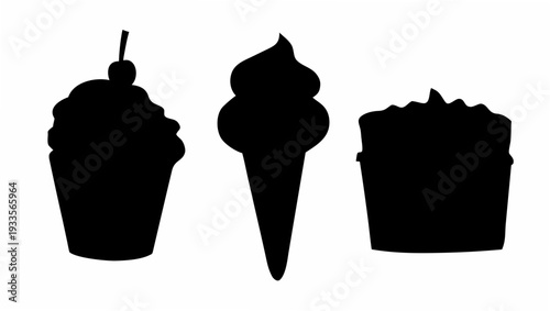 Silhouettes of ice cream treats against a clean white background