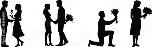 WebRomantic couple silhouettes, love gestures, giving flowers, proposal scene, courtship illustration, affectionate posture, relationship theme, vector art, black silhouette, isolated