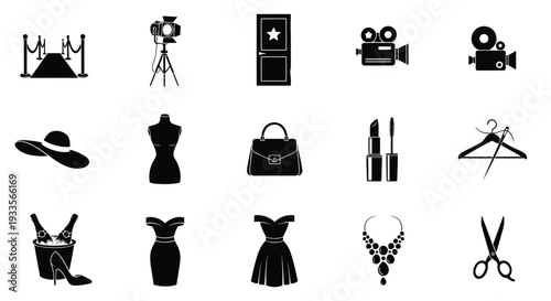 Vector Illustration of Fashion and Film Icons in Black on White Background