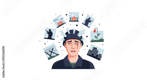 A crying soldier wearing a helmet is depicted with various war memories floating around his head on a white background.