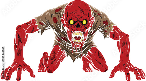 Creepy Crawling Zombie Monster with Exposed Muscles and Glowing Eyes Horror Vector Illustration Isolated on White Background