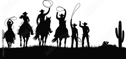 PrintCowboy silhouettes, cowgirl figures, horse riders, lasso action, desert cactus, western culture, rodeo scene, wild west illustration, rustic graphic design