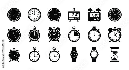 Vector Illustration of Various Clocks and Watches in Black and White