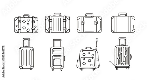 Collection of travel suitcases and luggage in various sizes and styles, with handles and wheels on display.