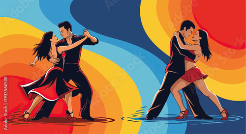 Couple de danseurs latins passionnés dansant avec énergie sur un fond coloré abstrait