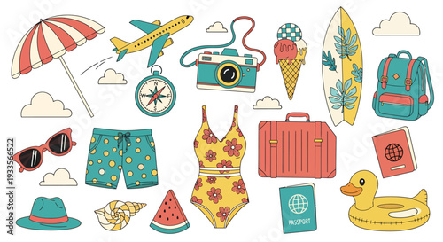 Colorful collage of beach and travel essentials including swimsuits, sunglasses, camera, luggage, surfboards, and accessories.