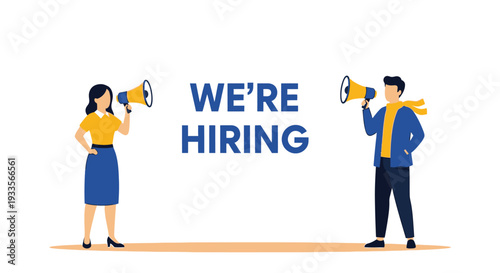 Man and woman announcing job openings with red megaphones