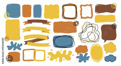 Ensemble de bulles de dialogue et de cadres abstraits et colorés, style dessiné à la main.