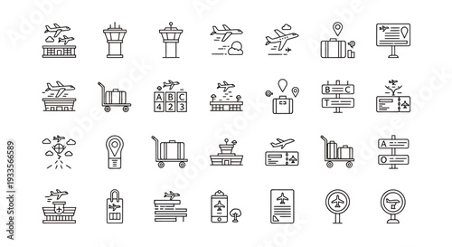 Collection of small line icons depicting various everyday objects and scenes.