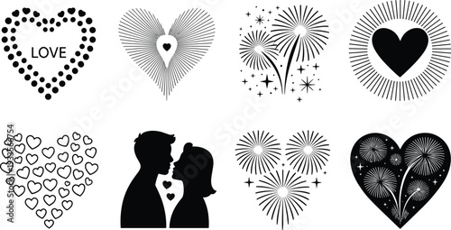 PrintRomantic heart designs, love fireworks, couple silhouette, Valentine symbols, celebration graphics, passion illustration, wedding art, affection clipart, romance icon, creative design