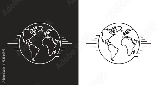 Global interconnected world map icon with contrasting dark and light backgrounds for symbolizing global connectivity.