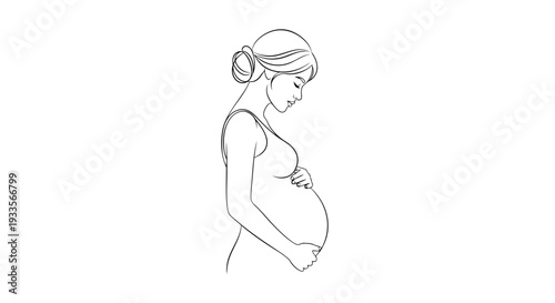 Vector Illustration of a Pregnant Woman Touching Her Belly with Care