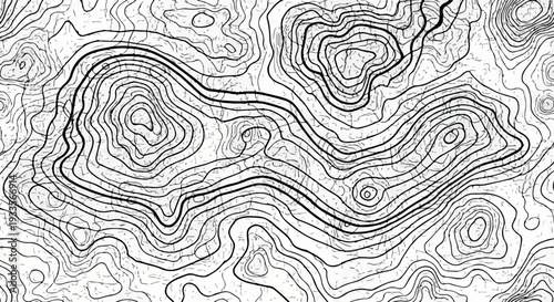 Carte topographique en noir et blanc montrant des lignes de contour représentant l'élévation du terrain et les caractéristiques géographiques.