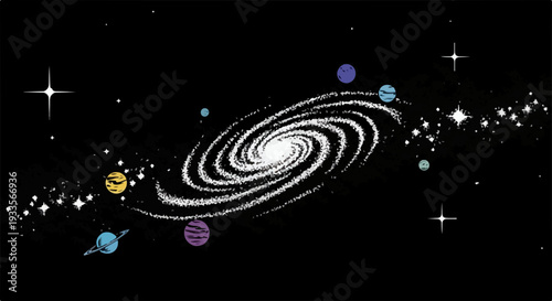 Une galaxie spirale brillante au centre d'un univers rempli d'étoiles et de planètes colorées.