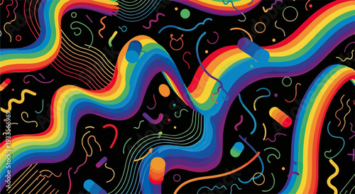 Un motif abstrait et psychédélique avec des arcs-en-ciel ondulés et des formes colorées sur fond noir.