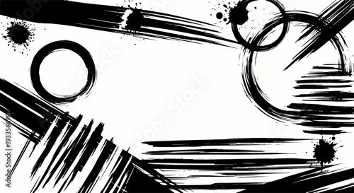Pinceau abstrait noir et blanc avec des cercles et des éclaboussures d'encre